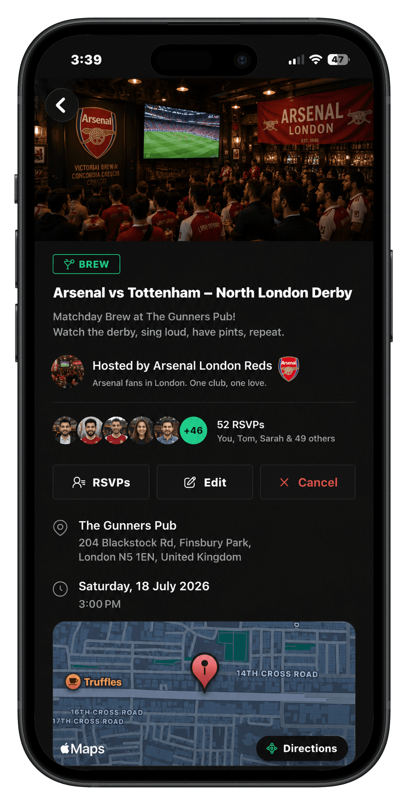 SportBuddy event page for an Arsenal vs Tottenham matchday meetup, showing RSVPs, venue and directions